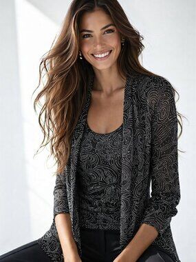 Two piece set, cami and jacket, abstract paisley pattern with raised silver dots